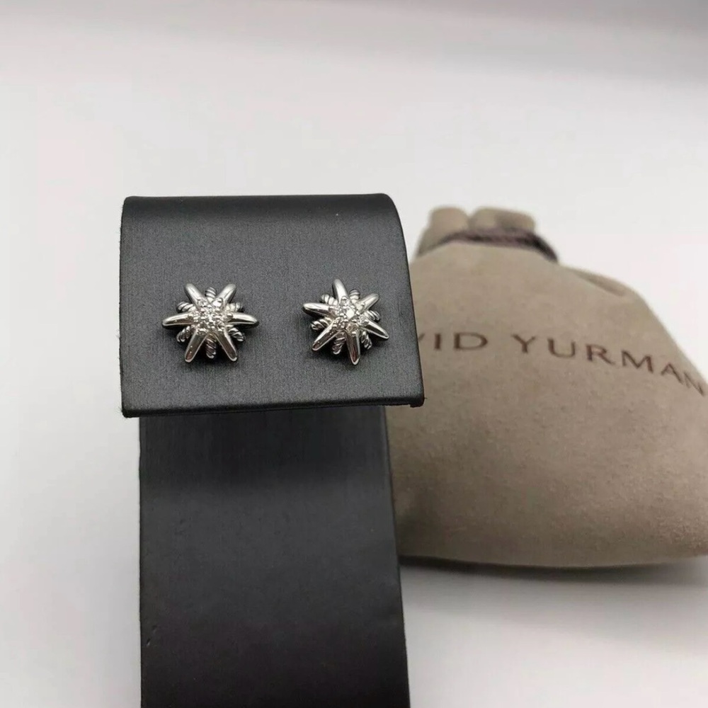 Petite Starburst Stud Earrings in Sterling Silver with Pave Diamonds, 10mm
